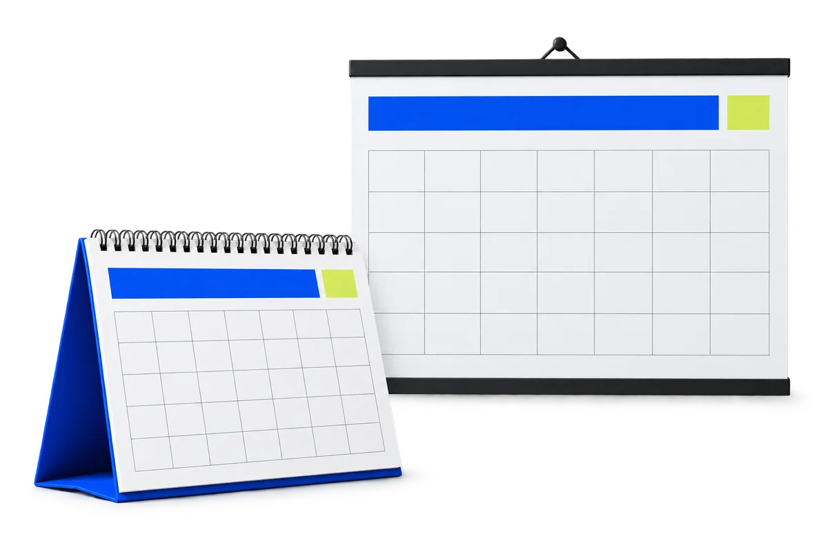Illustrative branded desk and wall calendar formats