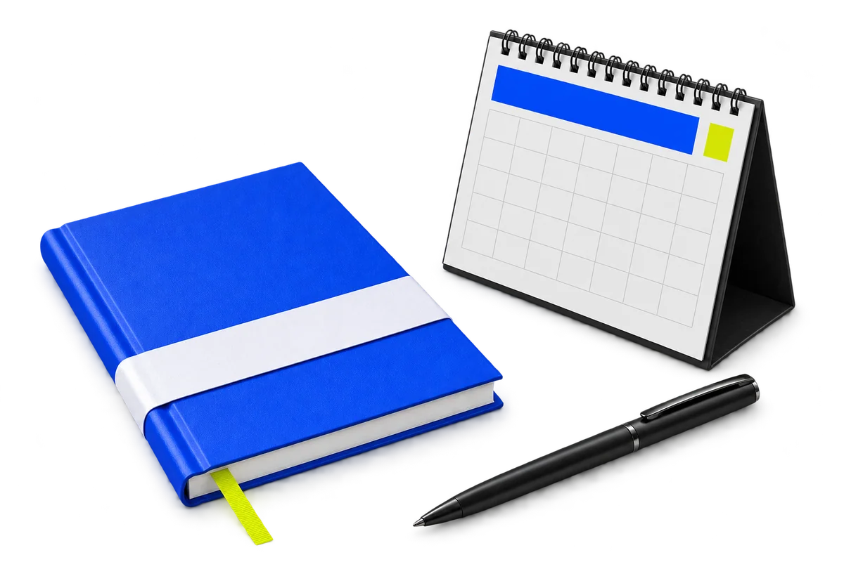 Illustrative coordinated diary, calendar and pen set